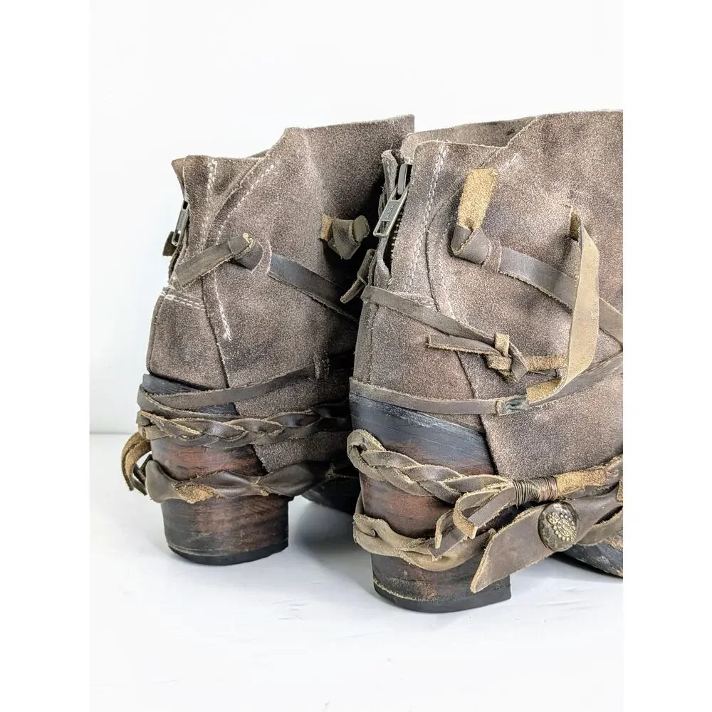 Freebird by Steven Cairo Boots 7 Brown Suede Strappy Heeled Boho Festival Zip